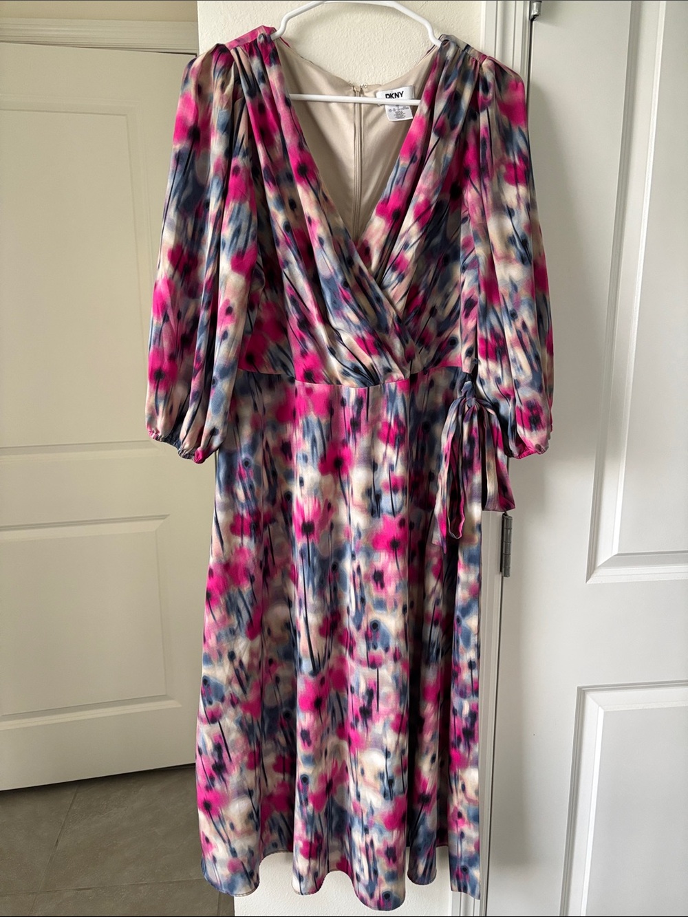DKNY Pink, Blue & Cream Watercolor Wrap Midi Dress